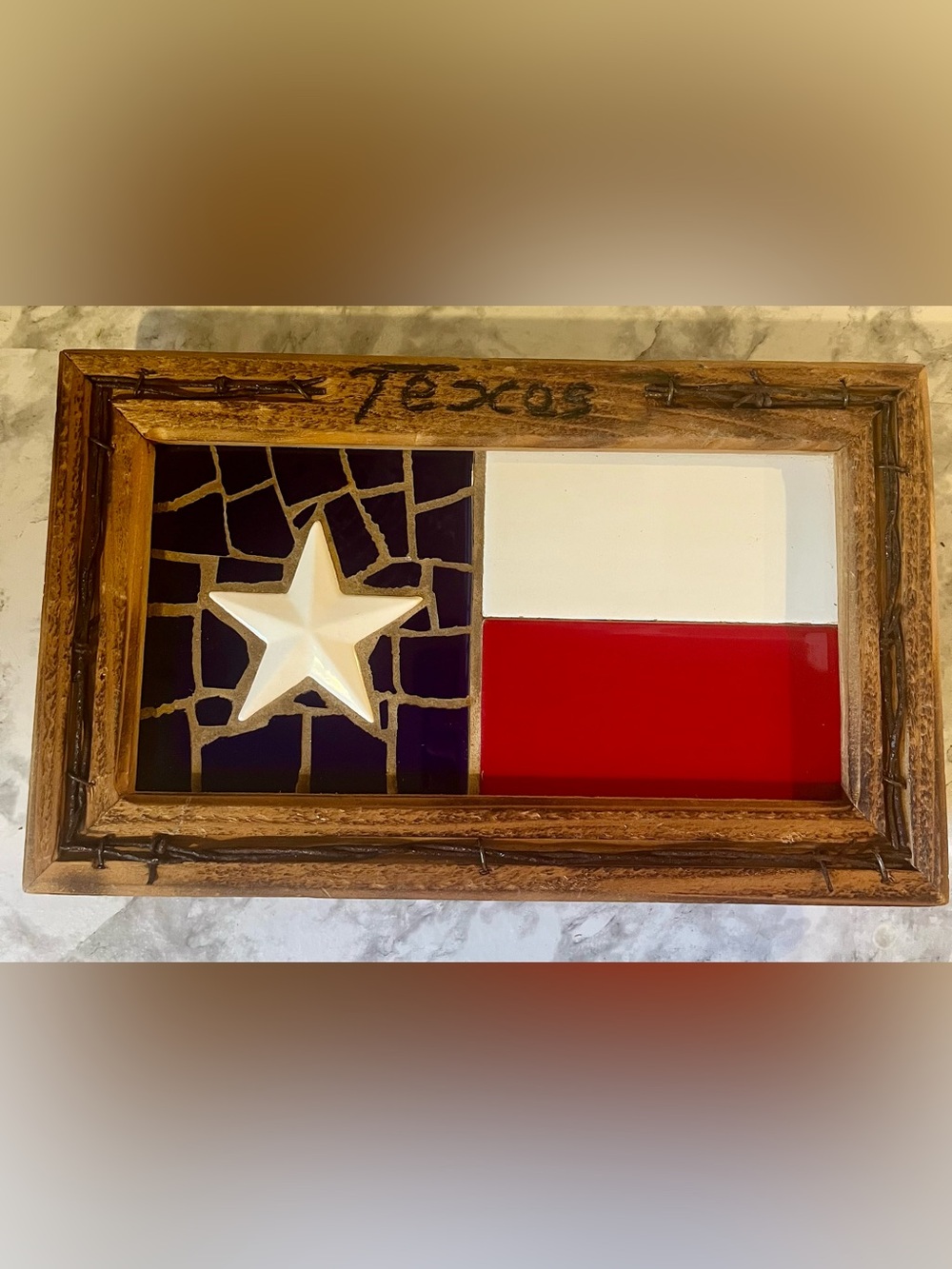 Vintage Tiled Texas Flag Rustic Wood Frame and Barbed Wire